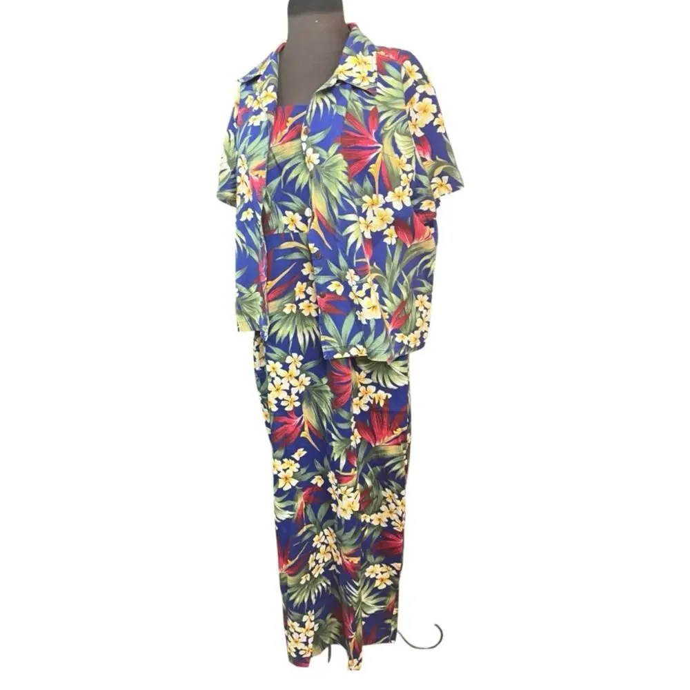 Vintage 90s Hilo Hattie Hawaiian Tropical Button Top Coord Maxi Dress Womens 20
